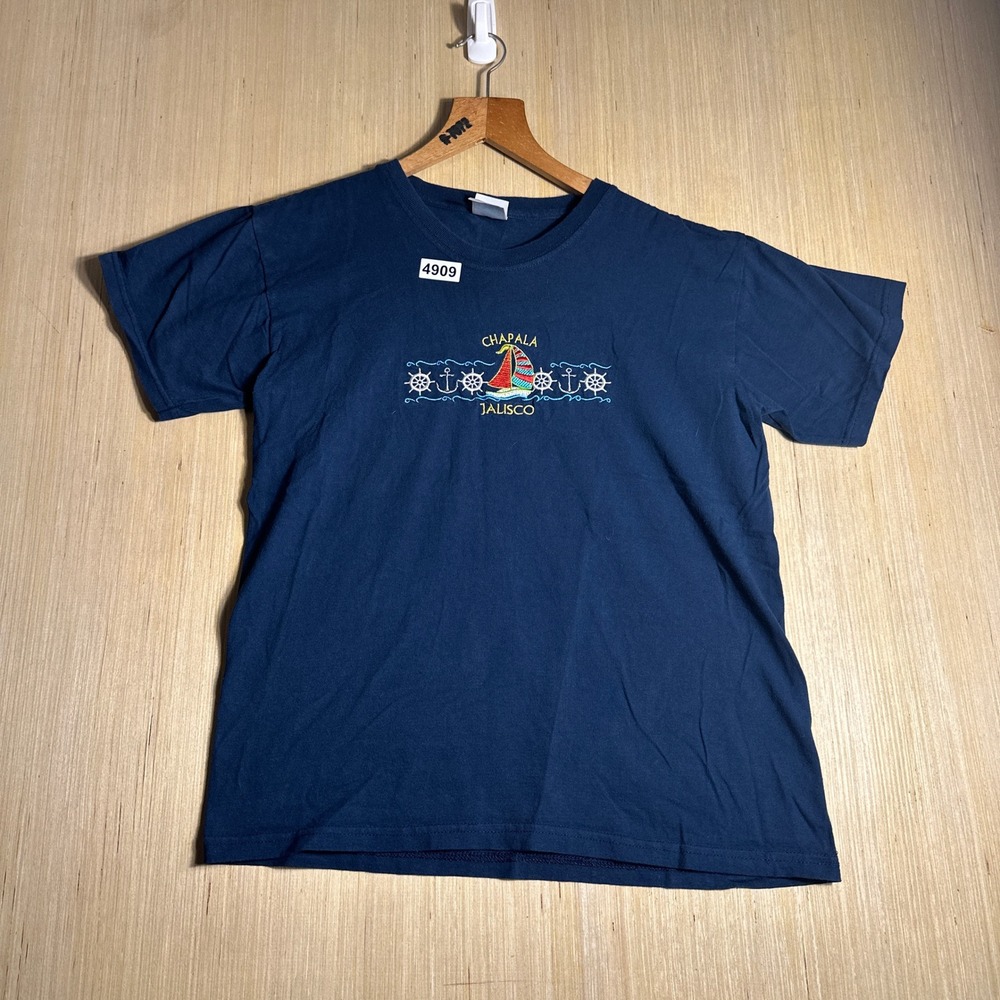 Vintage Chapala Jalisco T Shirt Kids XL Navy Blue Embroidered Sailboat Boat 90s